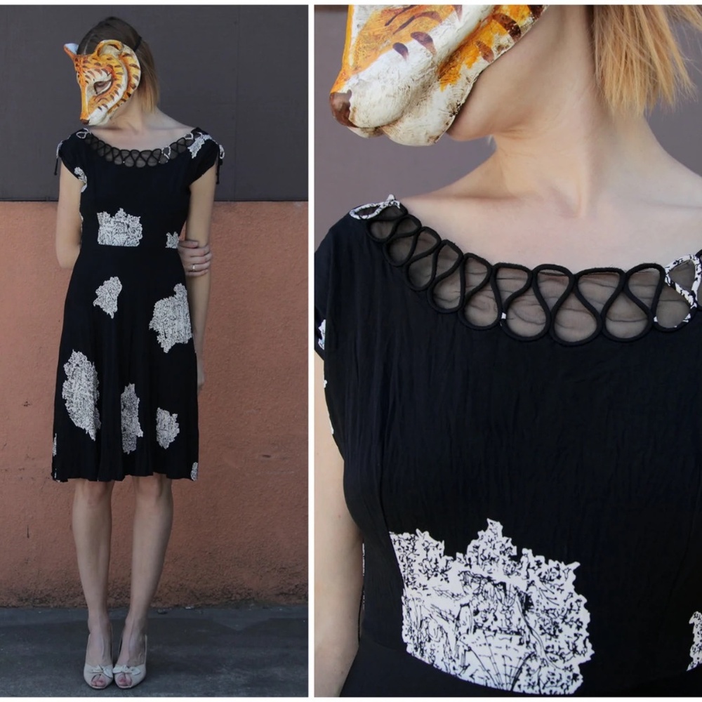 Vintage 1950s Day Dress with Illusion Neckline